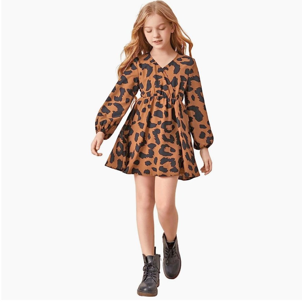 SOLY HUX Girls Leopard‎ Dress V-Neck Long Sleeve Size 11-12Y Brand New